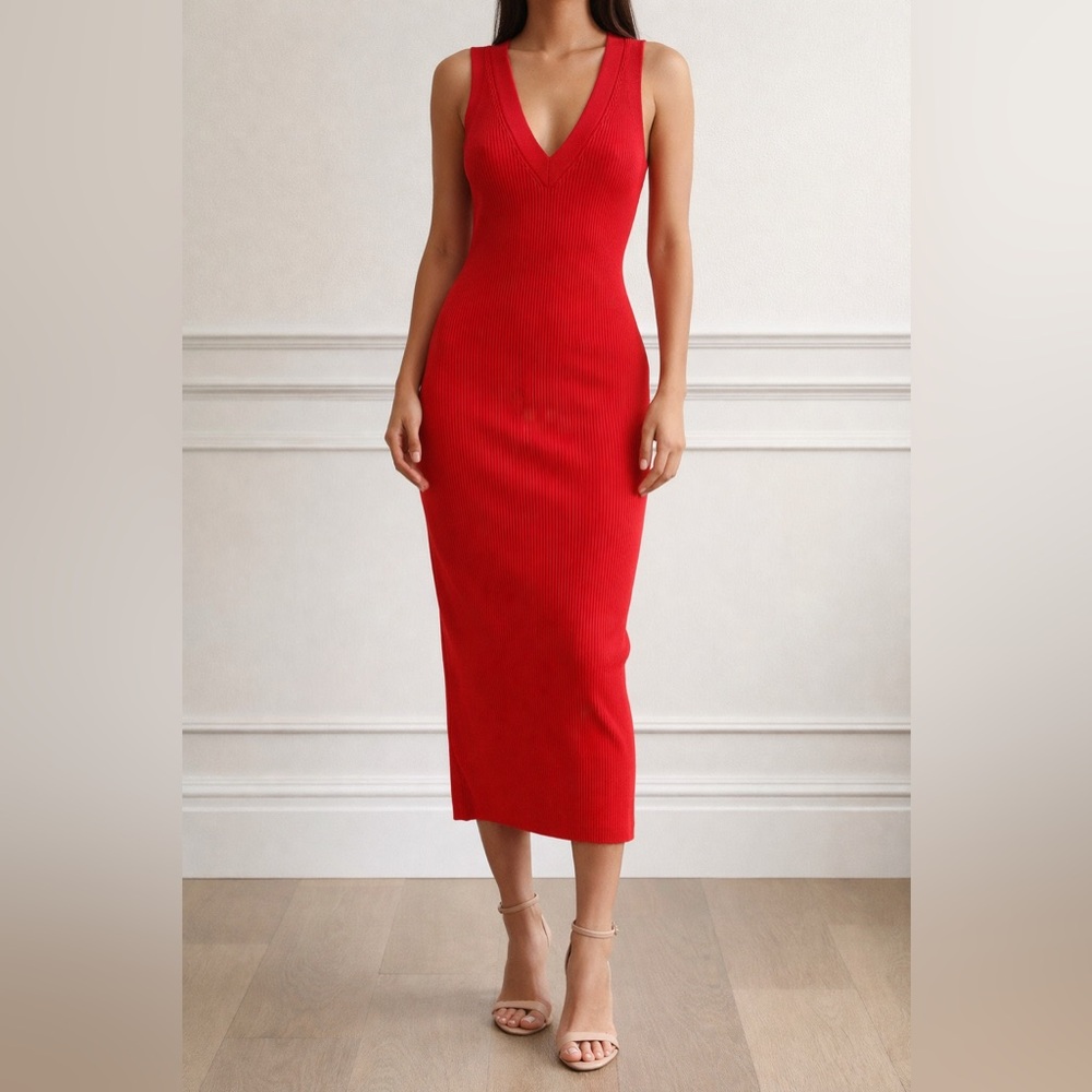 MICHAEL Michael Kors Stunning Ribbed Vivid Red Midi Dress V Neck